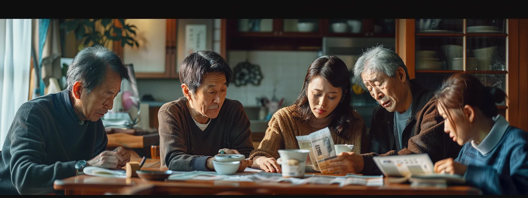 a family gathered around a dining table, looking somber and distressed, surrounded by unpaid bills and financial documents.