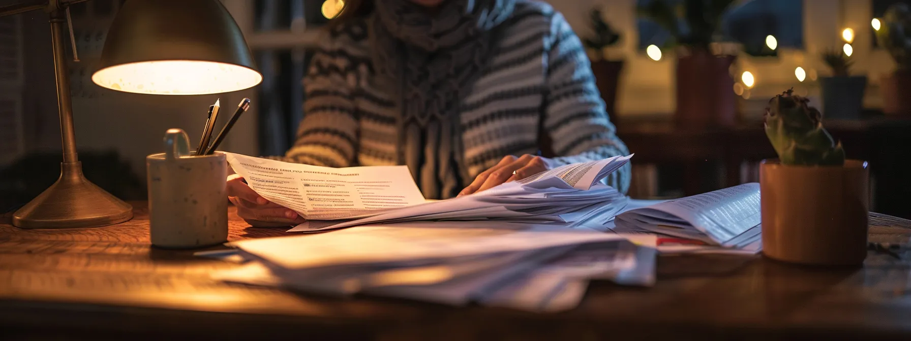 a person sits at a desk surrounded by paperwork, comparing quotes from different insurance providers.