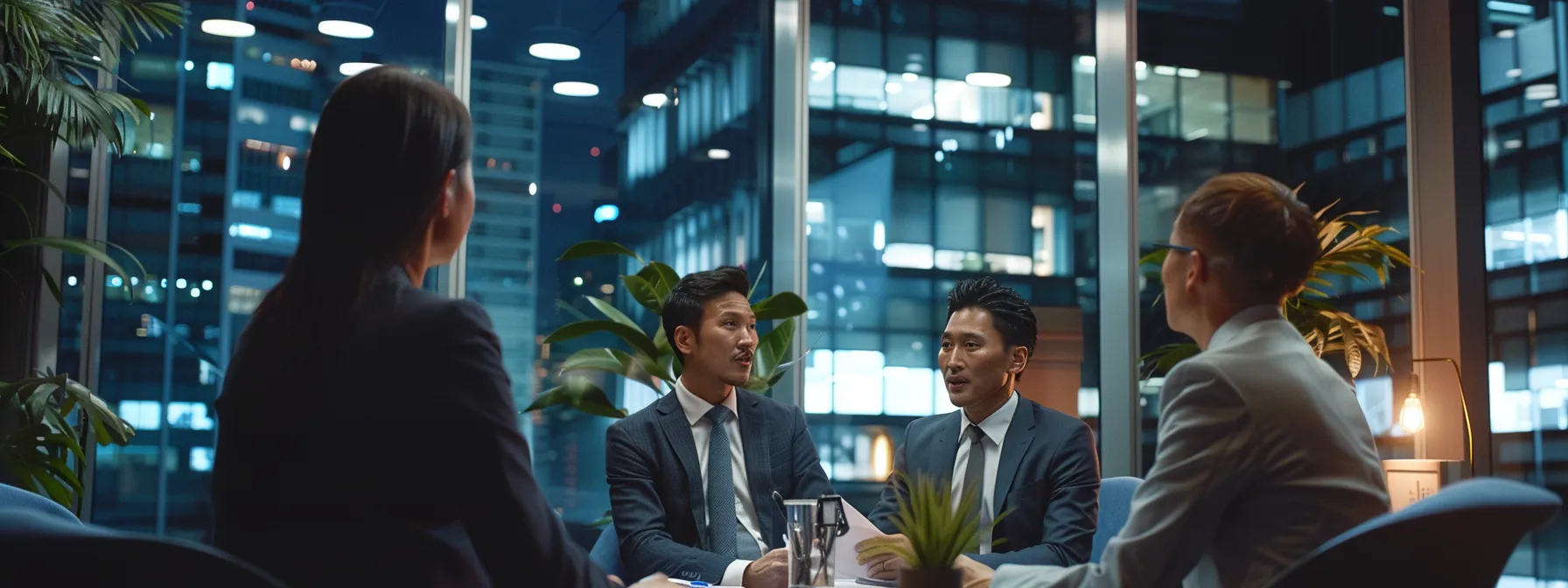 a group of financial professionals analyzing investment strategies in an office setting.