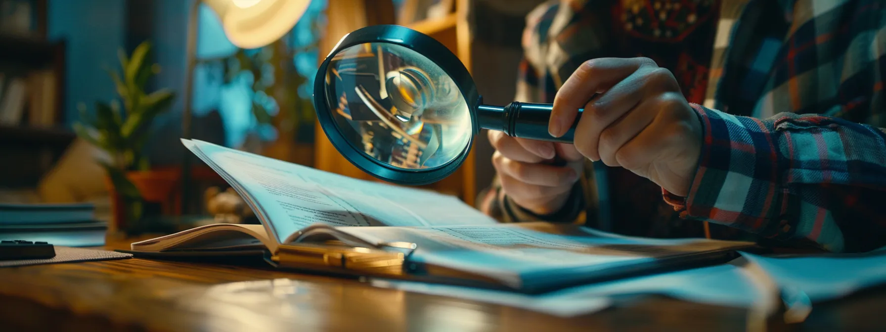 a person reading through a burial insurance plan document with a magnifying glass.