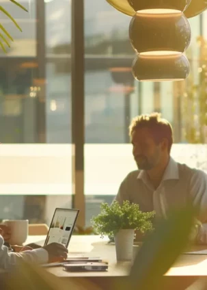 a group of businessmen discussing financial charts and graphs in a modern office setting.