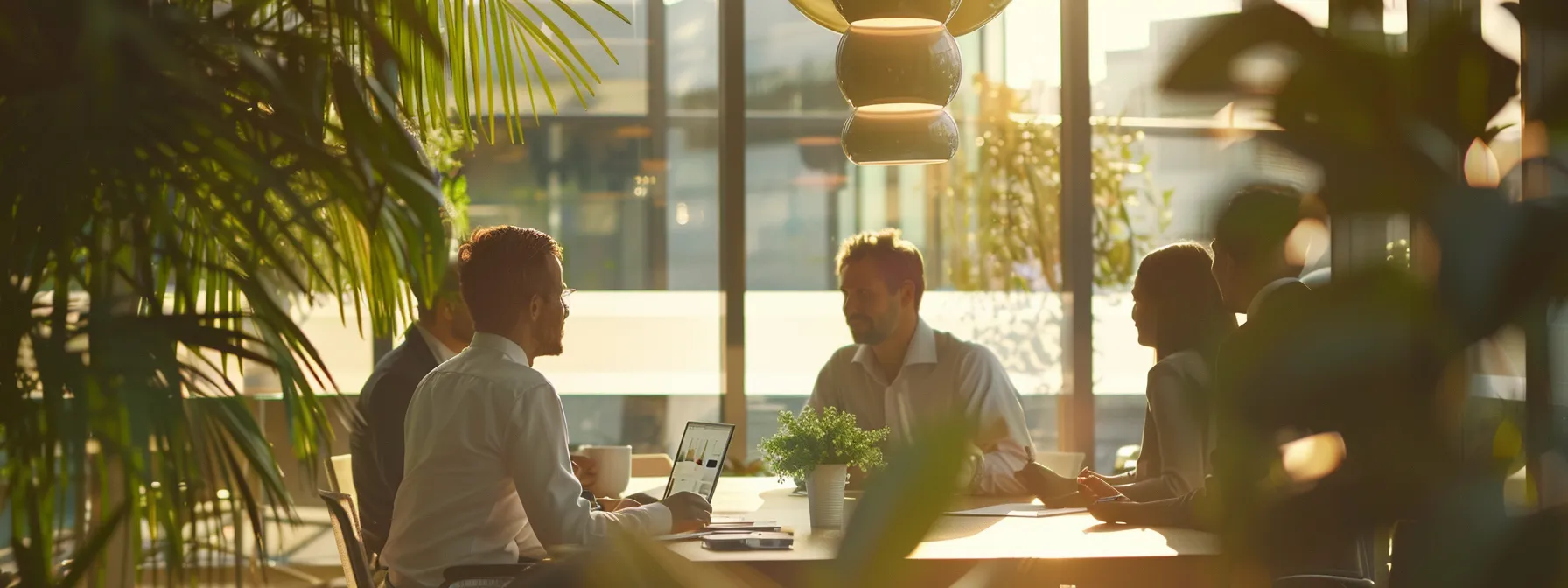 a group of businessmen discussing financial charts and graphs in a modern office setting.