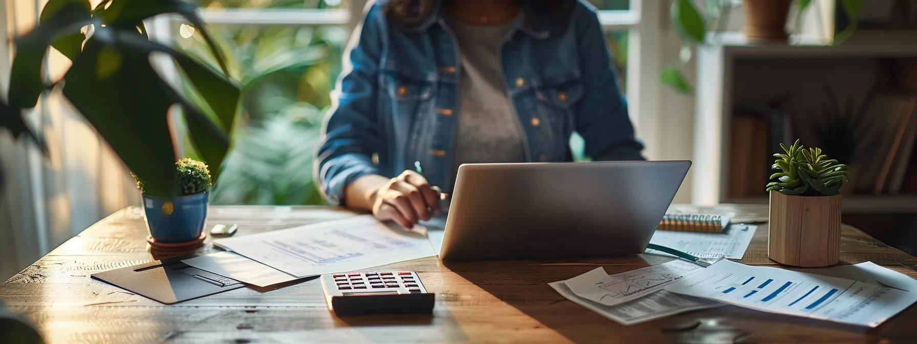 a person researching burial insurance plans on a laptop with a calculator and paperwork spread out on a desk.