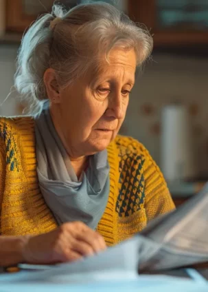 a senior woman sitting at a kitchen table reviewing paperwork with a concerned expression on her face.