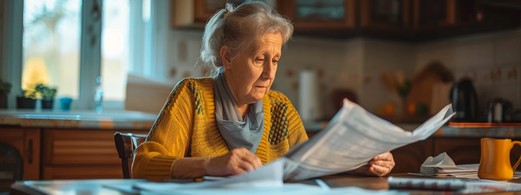 a senior woman sitting at a kitchen table reviewing paperwork with a concerned expression on her face.