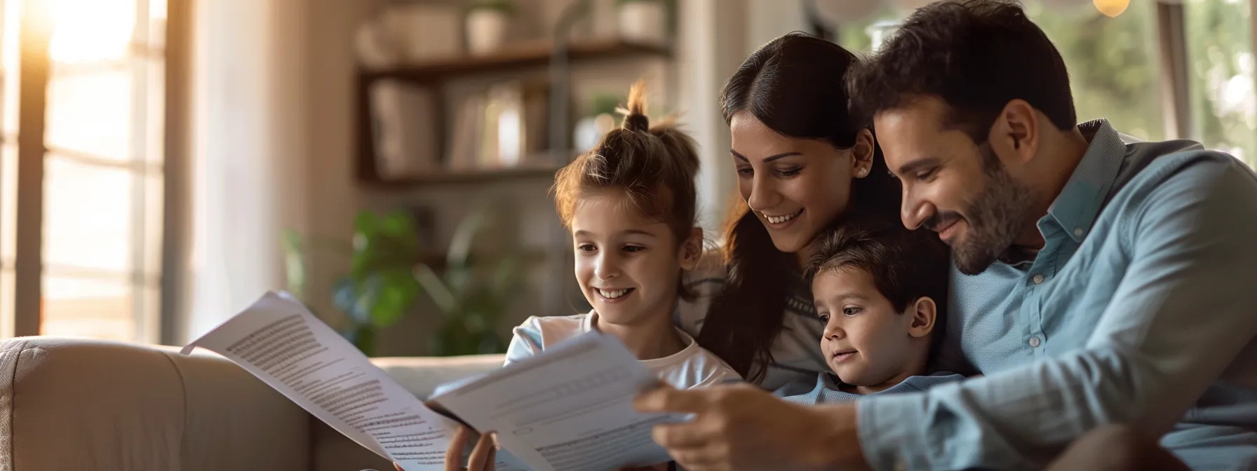 a family sitting together in a cozy living room, looking at paperwork and smiling after securing final expense insurance.