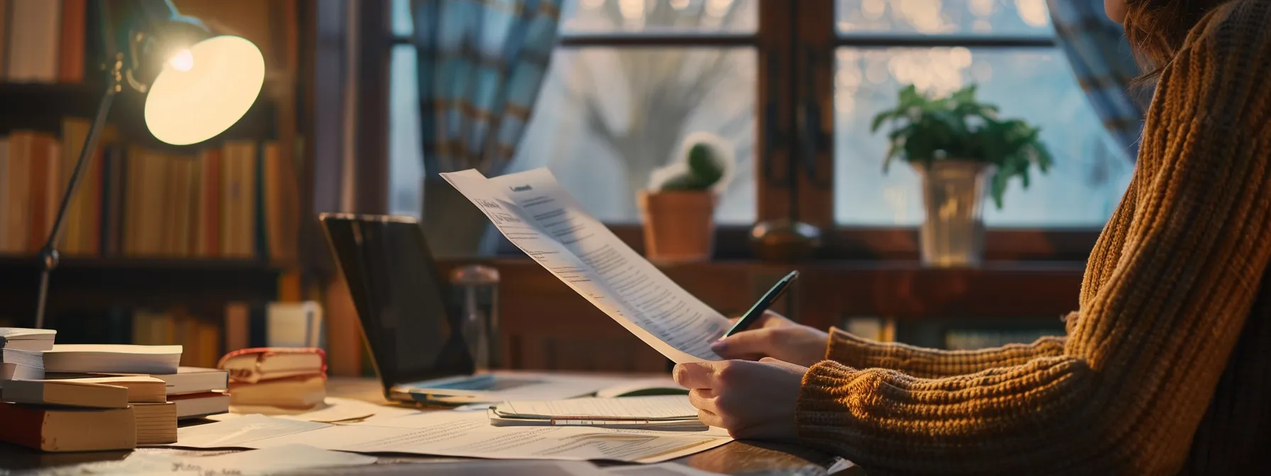 a person sitting at a desk, reviewing paperwork and discussing insurance options with a client.